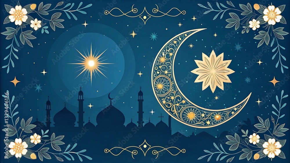 Fototapete eid mubarak background featuring lanterns and crescent moon, creating a peaceful and festive atmosph