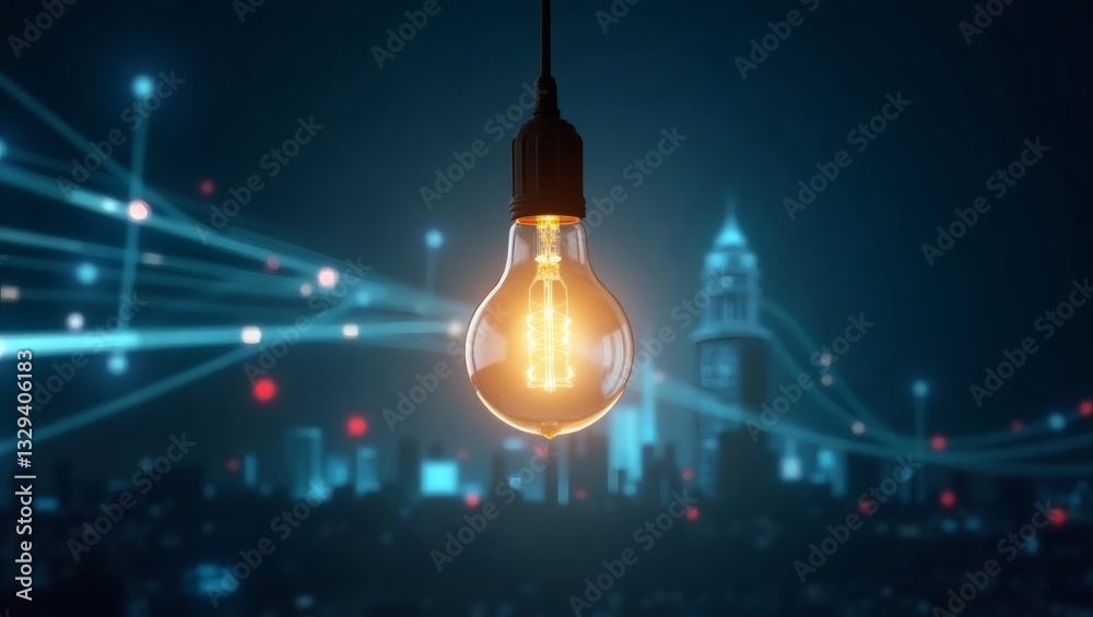 Poster a glowing light bulb illuminating a cityscape at night, symbolizing innovation and ideas. the city s