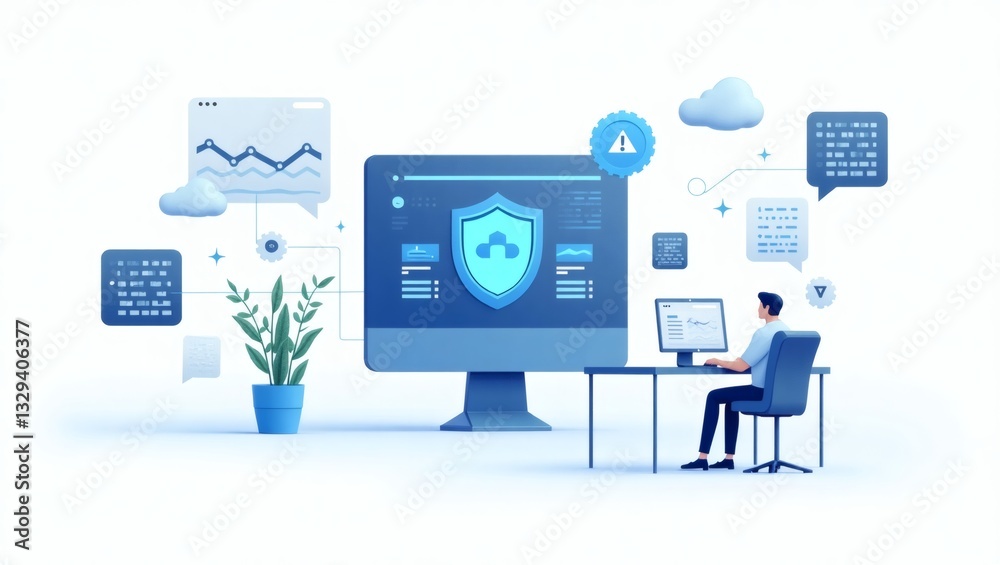 Poster a man working diligently on a computer, with a prominent shield icon symbolizing cybersecurity measu