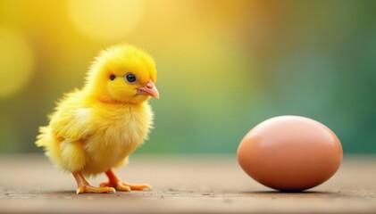 Adorable yellow chick beside vibrant egg, soft focus background , spring, copy space