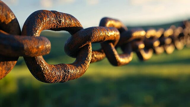 Rusty chain stretching across a field