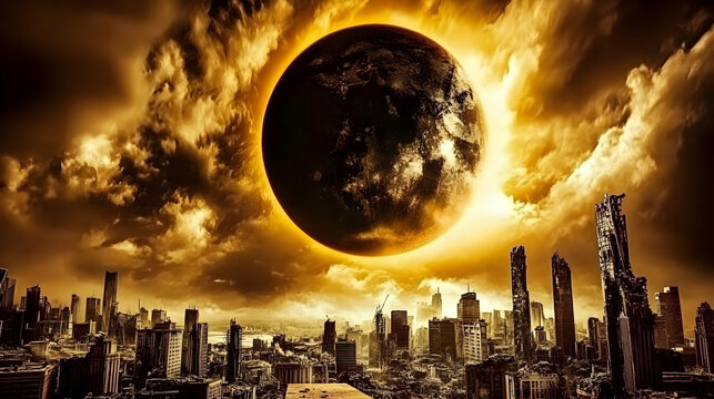  Apocalyptic Cityscape with Dark Planet and Fiery Clouds