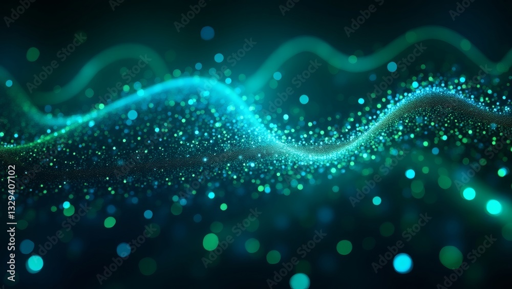 Poster an abstract and shimmering wave pattern with blue and green color. It features sparkling particles and a flowing, ethereal design.