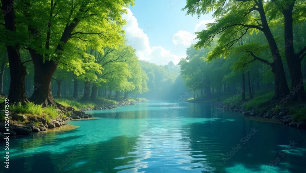 Poster a serene river flows gently through a lush green forest, creating a tranquil and picturesque scene. 