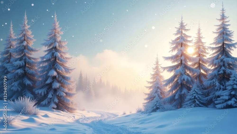 Poster winter wonderland scene featuring snow-covered trees along a path, creating a tranquil atmosphere