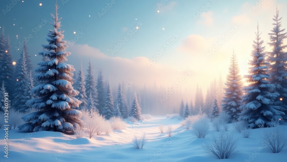 Poster a tranquil winter scene with snow-covered trees, creating a serene and idyllic landscape