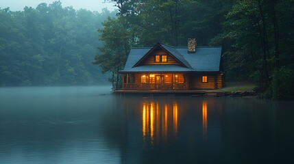 Fototapeta premium Misty Lakeside Cabin at Dawn