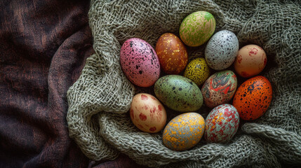 Obraz premium Artisanal eggs in various colors displayed on textured fabric background, showcasing unique patterns and designs