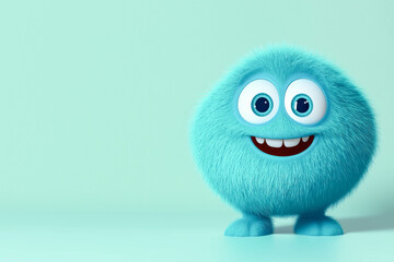 Cute blue furry monster with big eyes smiling happily on mint background