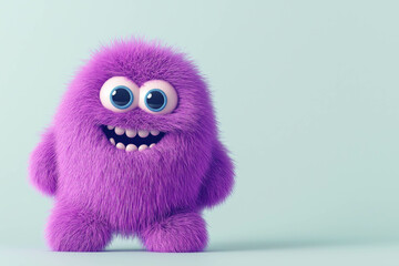 Purple fluffy monster with big eyes on light blue background