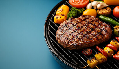 flat lay of vibrant grilled meat on the grill with vegetables and spices against a wooden background