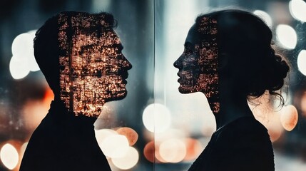 A striking image of two silhouetted figures merged with a vibrant urban landscape, symbolizing connection and shared experiences against a bustling background.