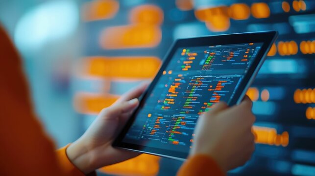 Two engineers collaborating on a tablet to review and analyze inventory data in a modern technology enabled workplace setting  They are working together to optimize data driven decisions