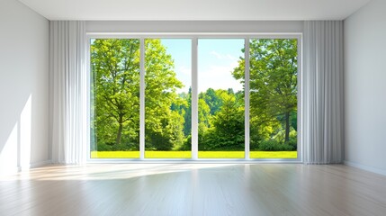 Fototapeta premium Bright Room Featuring Large Window Overlooking Lush Green Landscape