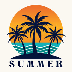 Obraz premium Happy Summer Holidays with beach, palam tree, on white background