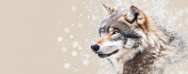 Obraz premium A majestic wolf profile surrounded by falling snowflakes on beige