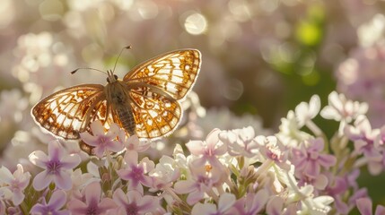 Obraz premium A butterfly with intricate patterns sitting on delicate pink wildflowers