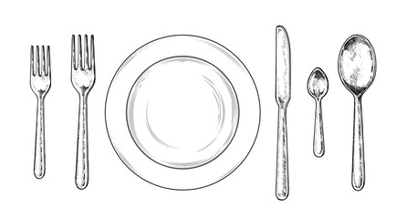 Elegant hand drawn vector illustration of a wedding table setting in black and white. Top view sketch featuring plate, silverware. Perfect for menus, event planning, and restaurant designs