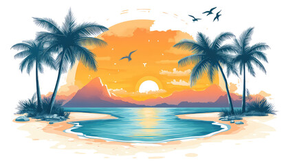 Fototapeta premium Illustration of a tropical beach with palm trees isolated on transparent background. 