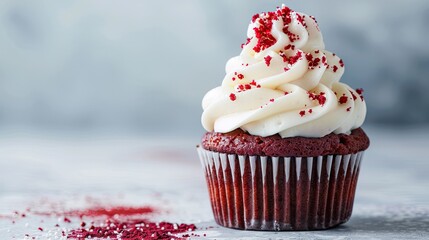A red velvet cupcake with cream cheese frosting and red sprinkles