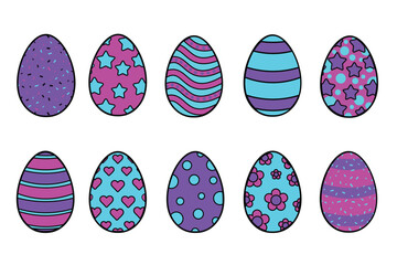 Set of easter eggs cool neon colored outline design elements isolated on white background. Easter Eggs. Set of vector decorative eggs illustrations for varios designs