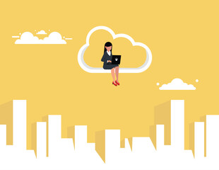 Cloud connection, Online data trasfer abstract concept. Businesswoman sitting on cloud and working on laptop