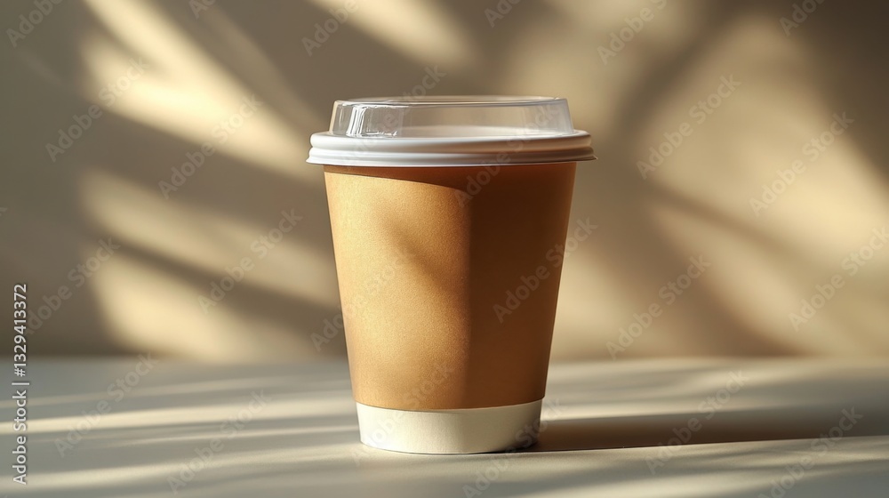Poster a disposable coffee cup sits on a wooden table, illuminated by warm sunlight filtering through nearb