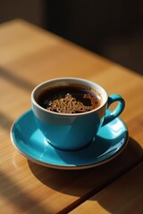 Fototapeta premium A rich brew fills a vibrant blue ceramic cup; it sits on a simple wooden tabletop , tabletop, dark, breakfast