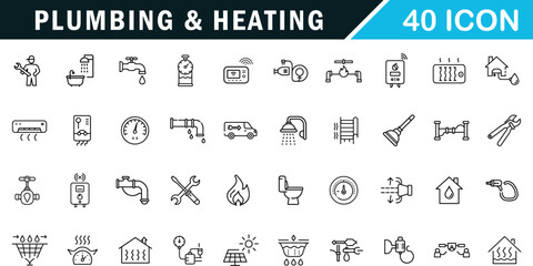 Plumbing and Heating outline editable icon set . pipes, boilers, tools and more.