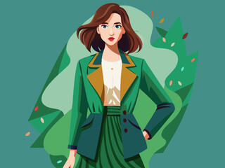 vector of  Women's green short coat and skirt