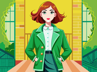 vector of  Women's green short coat and skirt
