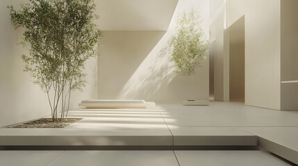 Fototapeta premium An aesthetically pleasing minimalist office with clean lines, monochromatic tones, and a touch of greenery for balance