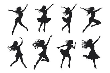 Dancing Women black silhouettes, Vector silhouettes of girls dancing in different positions high quality silhouettes isolated on white background © RK-DESIGNER