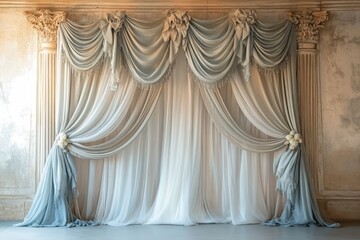 Elegant curtains drape in front of classical architecture columns
