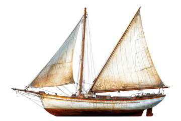 Vintage sailboat with white sails against a clear background