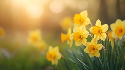 Obraz premium Vibrant Yellow Daffodil Flowers Blooming in a Sunlit Meadow with Soft Morning Light 