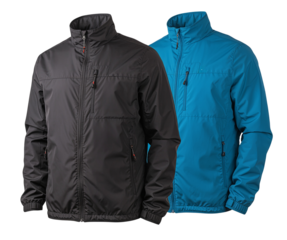 Two lightweight windbreaker jackets in black and blue isolated on a transparent background