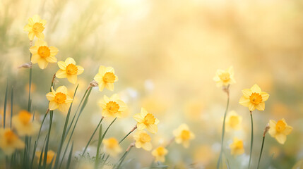 Fototapeta premium Vibrant Yellow Daffodil Flowers Blooming in a Sunlit Meadow with Soft Morning Light 