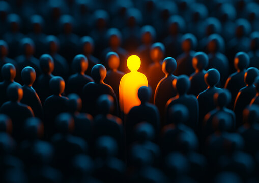 Glowing standout figure among dark anonymous crowd, unique individuality concept, leadership, innovation, success and personal identity in symbolic futuristic scene
