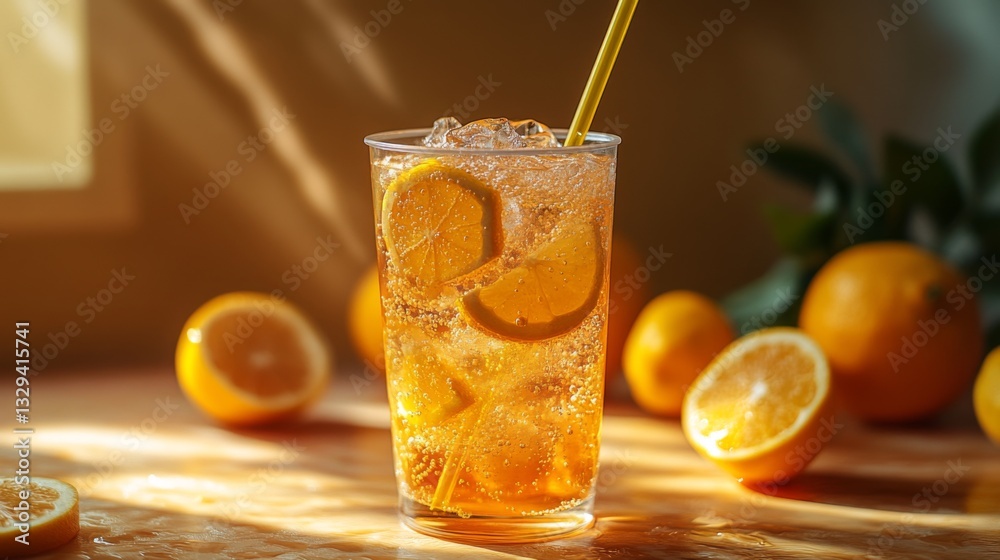 Poster a clear glass filled with a sparkling citrus beverage showcases vibrant lemon slices resting on top.