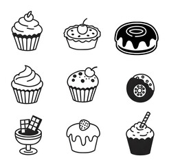 Best-selling Dessert icons set 3, minimalist line art symbols cake, cupcake, muffin, ice-cream, on white isolated background