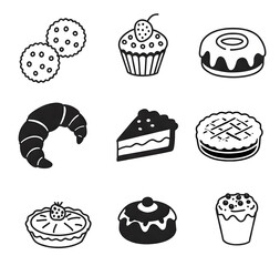 Best-selling Dessert icons set 2 Bakery minimalist line art symbols cookies, croissant, pie, cake, pastry on isolated white background