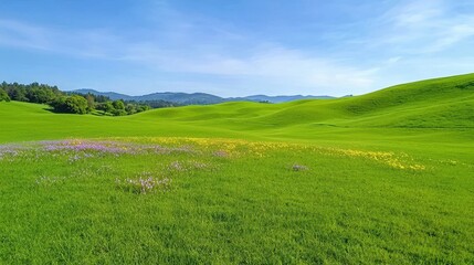 Obraz premium Rolling green hills and wildflowers create a beautiful landscape scene