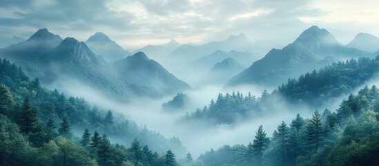 Misty mountain range with evergreen forest.