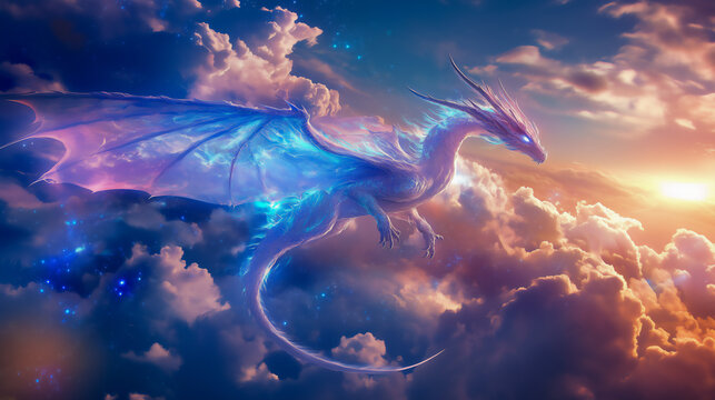 雲間を飛ぶ幻想的な青いドラゴン