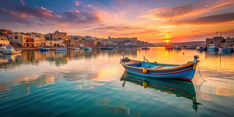 Fototapeta premium Luzzu boat in Marsaxlokk harbor at sunset, marina scene, marsaxlokk harbor, marina scene