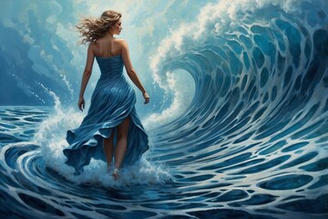 Woman Walking on Waves in a Flowing Dress, Standing in a Whirlpool Surrounded by a Winding Water Path