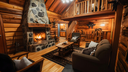Traditional log cabin living room with stone fireplace, wooden walls, and a warm inviting atmosphere - UHD 4K Image