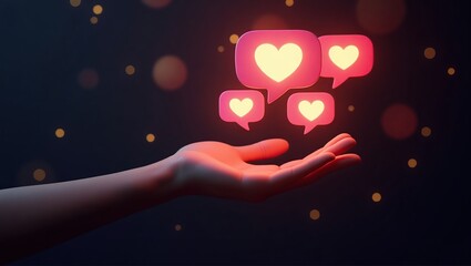 Floating Heart Speech Bubbles with Glowing Pink Symbols Over an Open Hand