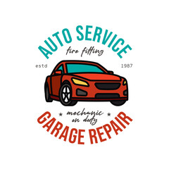Fototapeta premium Car service emblem. Original vector illustration in vintage style. T-shirt design.